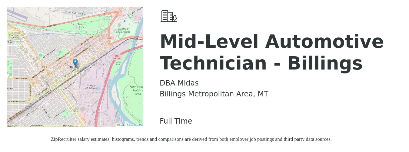 DBA Midas job posting for a Mid-Level Automotive Technician - Billings in Billings Metropolitan Area, MT with a salary of $700 Weekly with a map of Billings Metropolitan Area location.