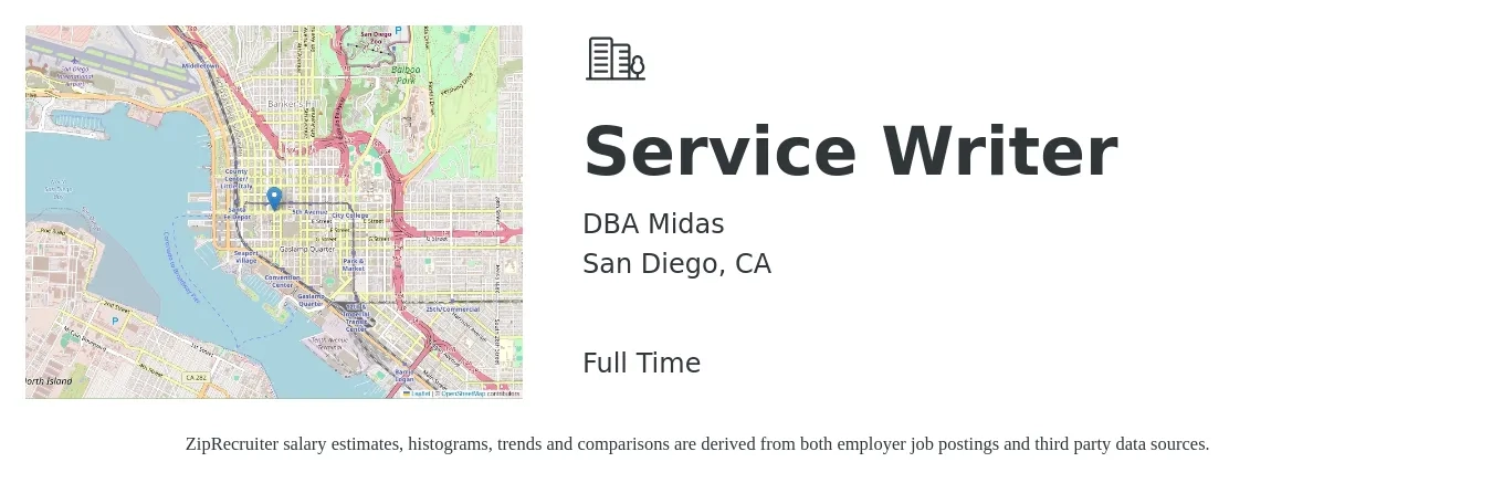 DBA Midas job posting for a Service Writer in San Diego, CA with a salary of $800 to $1,200 Weekly with a map of San Diego location.