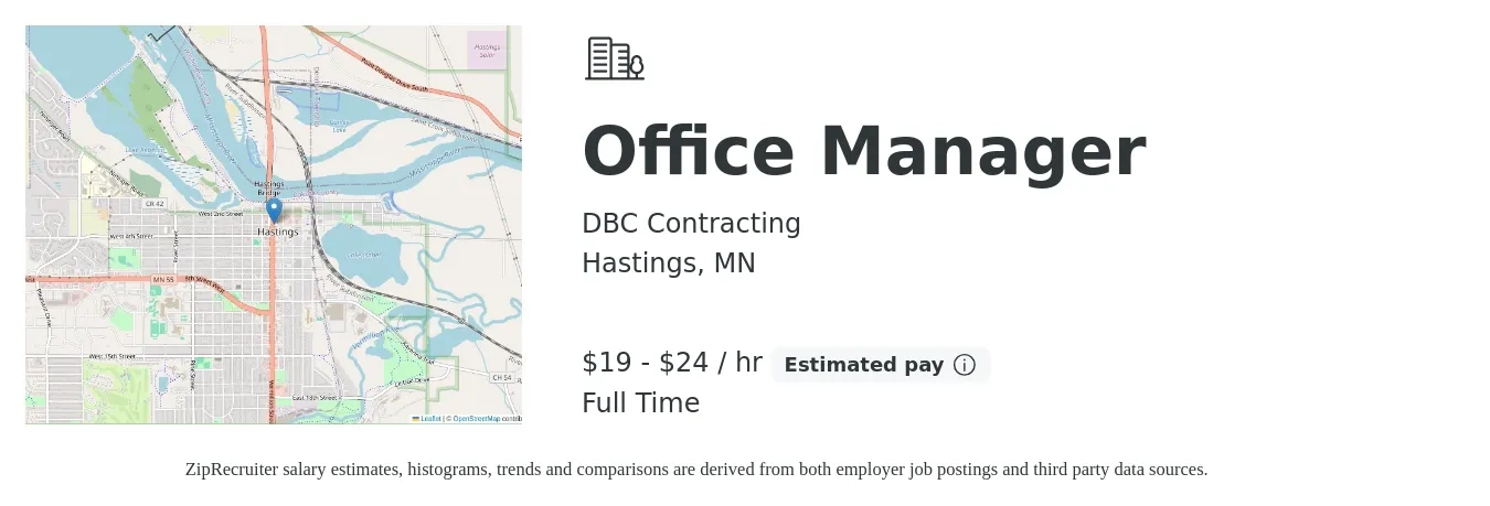 DBC Contracting job posting for a Office Manager in Hastings, MN with a salary of $40,800 to $60,100 Yearly with a map of Hastings location.