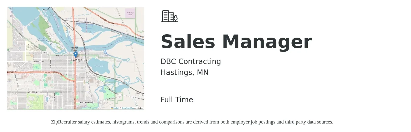 DBC Contracting job posting for a Sales Manager in Hastings, MN with a salary of $45,900 to $98,300 Yearly with a map of Hastings location.