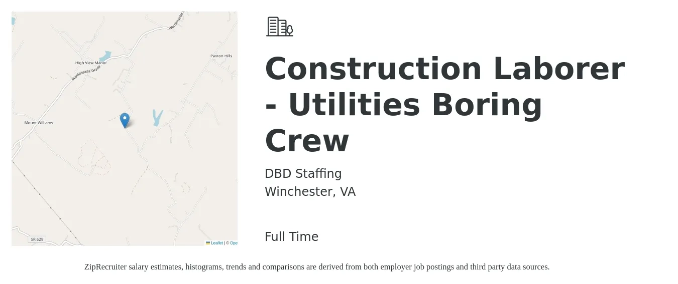 DBD Staffing job posting for a Construction Laborer - Utilities Boring Crew in Winchester, VA with a salary of $17 to $22 Hourly with a map of Winchester location.