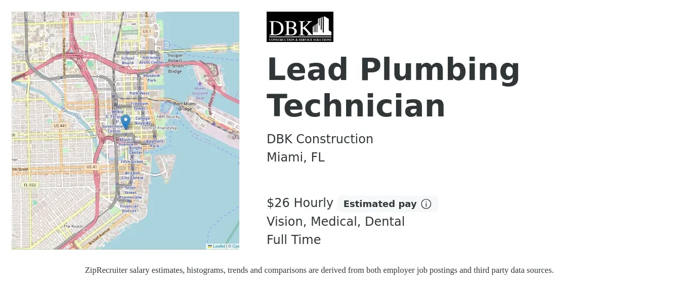 DBK Construction job posting for a Lead Plumbing Technician in Miami, FL with a salary of $28 Hourly and benefits including dental, life_insurance, medical, pto, retirement, and vision with a map of Miami location.