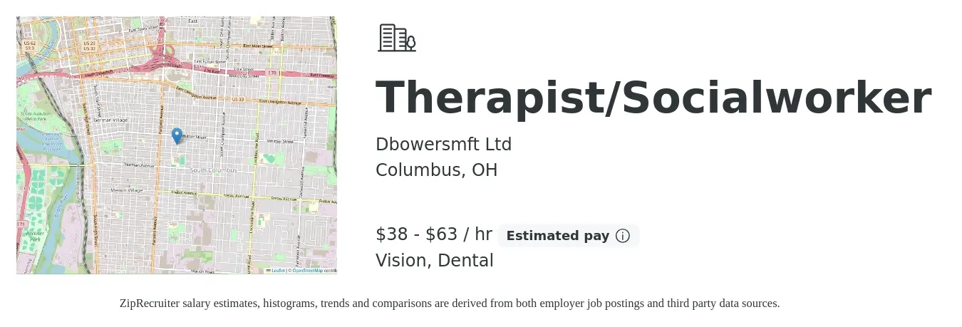 Dbowersmft Ltd job posting for a Therapist/Socialworker in Columbus, OH with a salary of $40 to $66 Hourly and benefits including dental, and vision with a map of Columbus location.