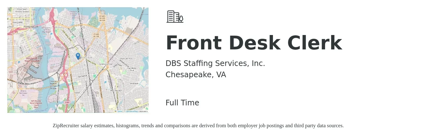 DBS Staffing Services, Inc. job posting for a Front Desk Clerk in Chesapeake, VA with a salary of $14 to $17 Hourly with a map of Chesapeake location.