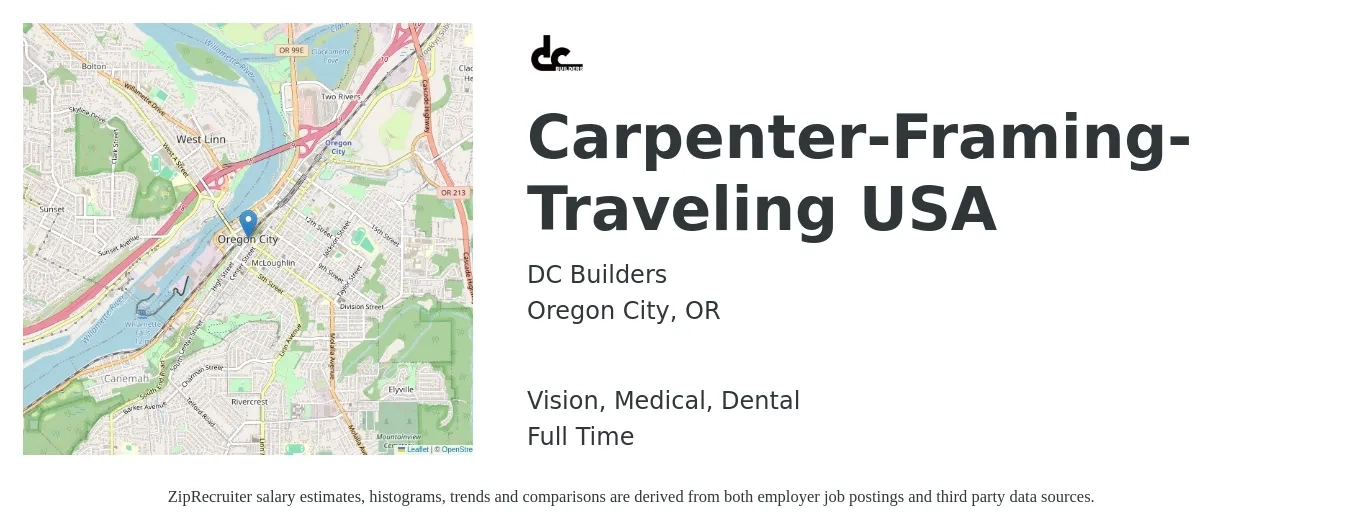 DC Builders job posting for a Carpenter-Framing-Traveling USA in Oregon City, OR with a salary of $23 to $32 Hourly and benefits including retirement, vision, dental, and medical with a map of Oregon City location.
