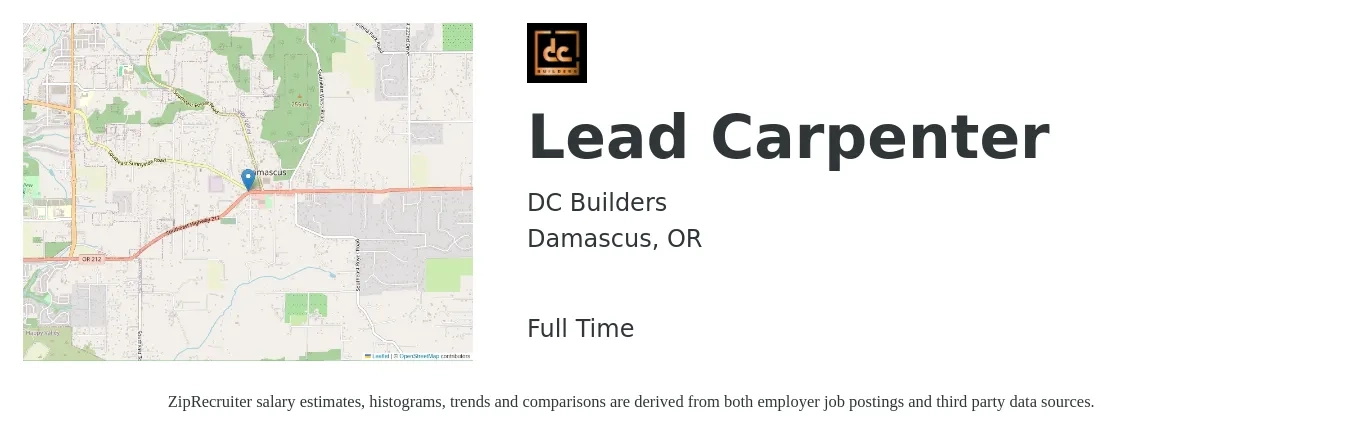 DC Builders job posting for a Lead Carpenter in Damascus, OR with a salary of $29 to $36 Hourly with a map of Damascus location.