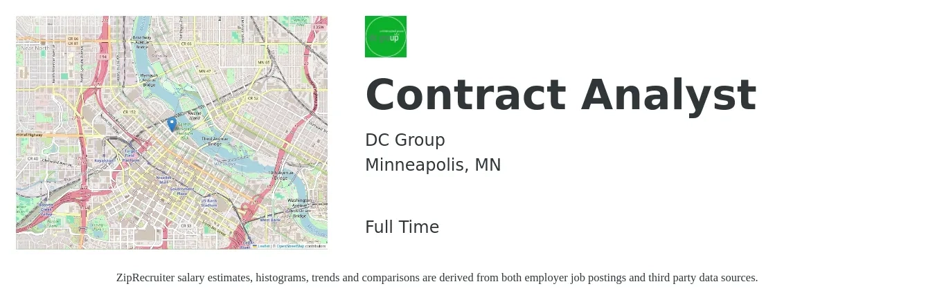 DC Group job posting for a Contract Analyst in Minneapolis, MN with a salary of $72,000 to $87,100 Yearly with a map of Minneapolis location.