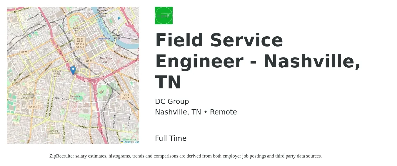 DC Group job posting for a Field Service Engineer - Nashville, TN in Nashville, TN with a salary of $55,100 to $81,600 Yearly with a map of Nashville location.