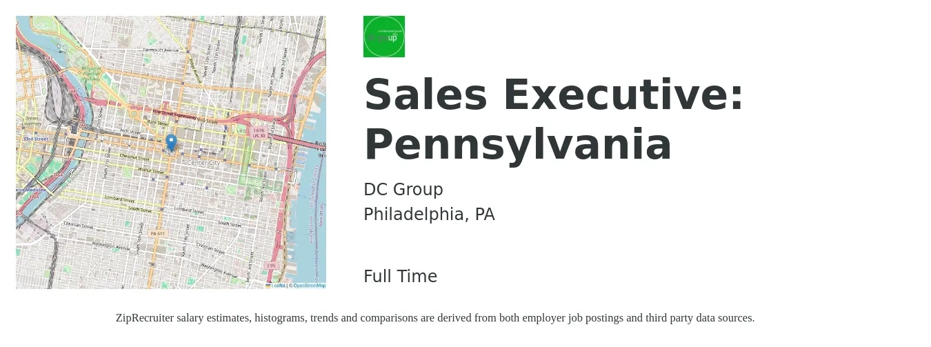 DC Group job posting for a Sales Executive: Pennsylvania in Philadelphia, PA with a salary of $54,500 to $93,700 Yearly with a map of Philadelphia location.