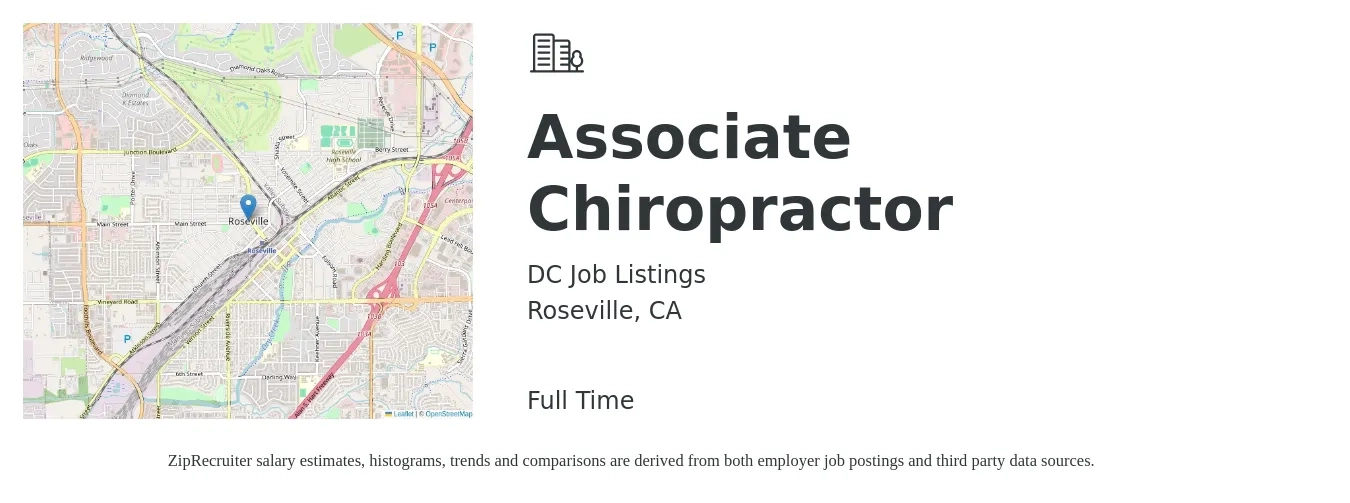 DC Job Listings job posting for a Associate Chiropractor in Roseville, CA with a salary of $75,000 Yearly with a map of Roseville location.