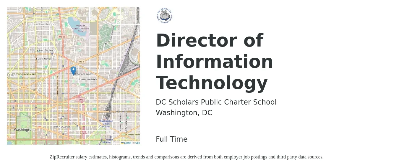DC Scholars Public Charter School job posting for a Director of Information Technology in Washington, DC with a salary of $120,700 to $177,200 Yearly with a map of Washington location.