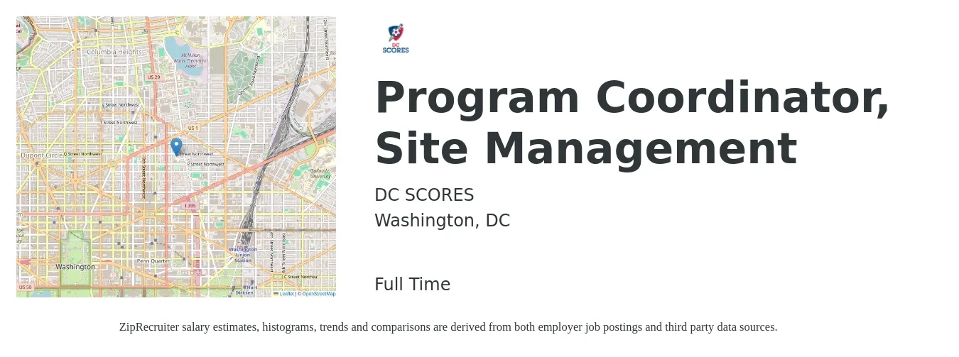 DC SCORES job posting for a Program Coordinator, Site Management in Washington, DC with a salary of $47,400 to $70,000 Yearly with a map of Washington location.