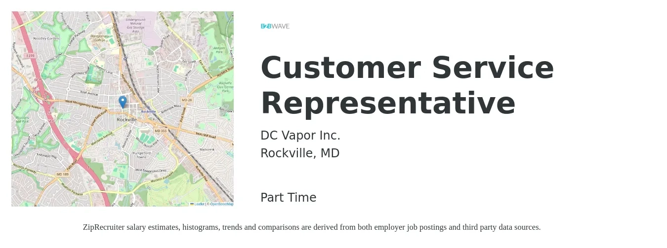 DC Vapor Inc. job posting for a Customer Service Representative in Rockville, MD with a salary of $14 Hourly with a map of Rockville location.