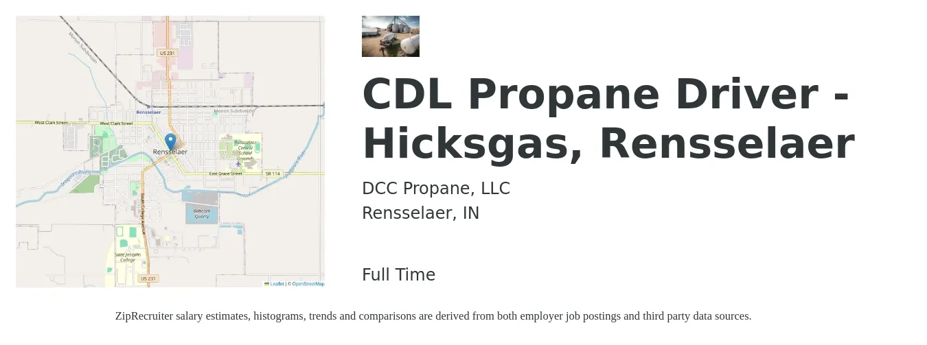 DCC Propane, LLC job posting for a CDL Propane Driver - Hicksgas, Rensselaer in Rensselaer, IN with a salary of $22 to $39 Hourly with a map of Rensselaer location.