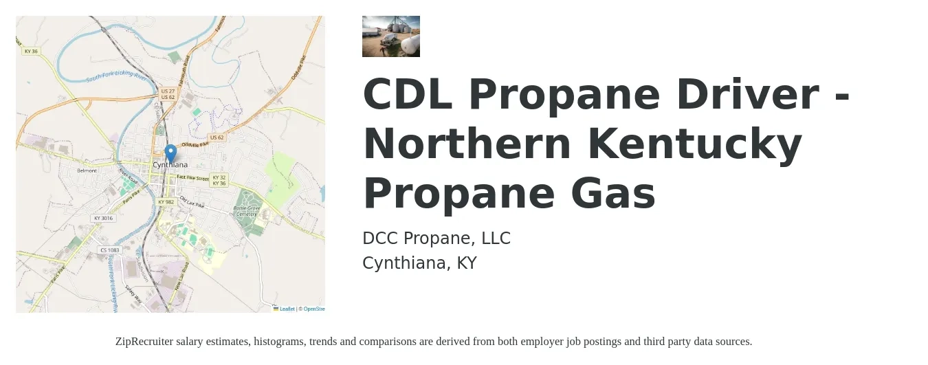 DCC Propane, LLC job posting for a CDL Propane Driver - Northern Kentucky Propane Gas in Cynthiana, KY with a salary of $23 to $40 Hourly with a map of Cynthiana location.