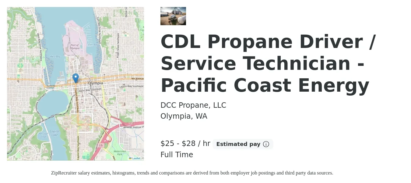 DCC Propane, LLC job posting for a CDL Propane Driver / Service Technician - Pacific Coast Energy in Olympia, WA with a salary of $27 to $30 Hourly with a map of Olympia location.
