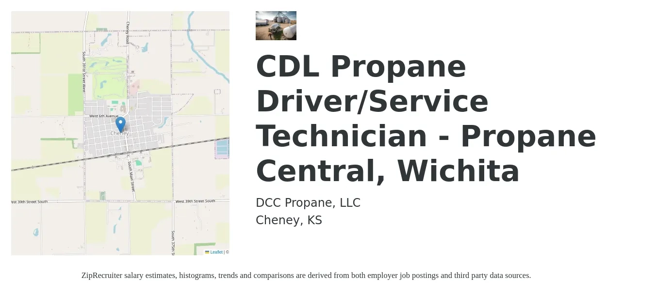 DCC Propane, LLC job posting for a CDL Propane Driver/Service Technician - Propane Central, Wichita in Cheney, KS with a salary of $18 to $22 Hourly with a map of Cheney location.
