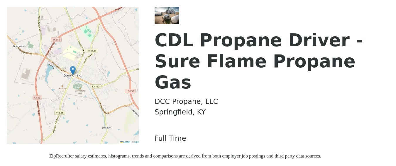 DCC Propane, LLC job posting for a CDL Propane Driver - Sure Flame Propane Gas in Springfield, KY with a salary of $20 to $35 Hourly with a map of Springfield location.
