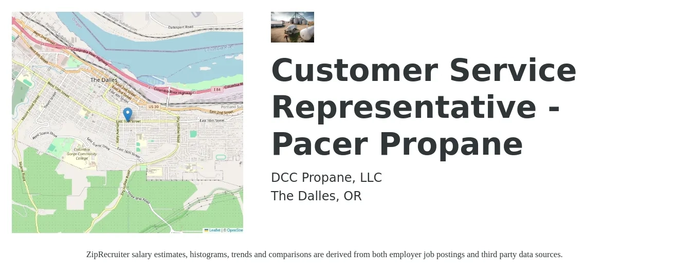 DCC Propane, LLC job posting for a Customer Service Representative - Pacer Propane in The Dalles, OR with a salary of $17 to $23 Hourly with a map of The Dalles location.