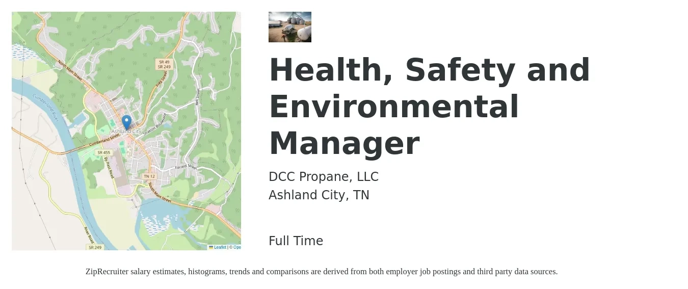 DCC Propane, LLC job posting for a Health, Safety and Environmental Manager in Ashland City, TN with a salary of $84,200 to $114,100 Yearly with a map of Ashland City location.