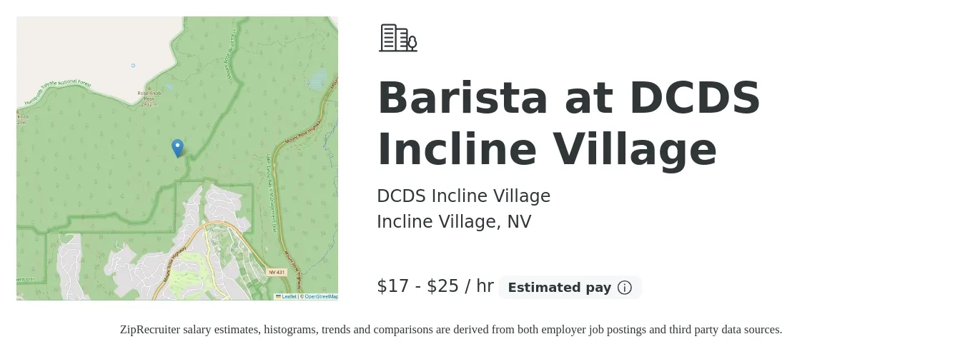 DCDS Incline Village job posting for a Barista at DCDS Incline Village in Incline Village, NV with a salary of $18 to $26 Hourly with a map of Incline Village location.