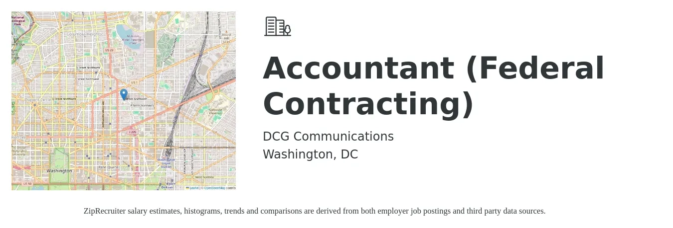 DCG Communications job posting for a Accountant (Federal Contracting) in Washington, DC with a salary of $60,400 to $88,600 Yearly with a map of Washington location.