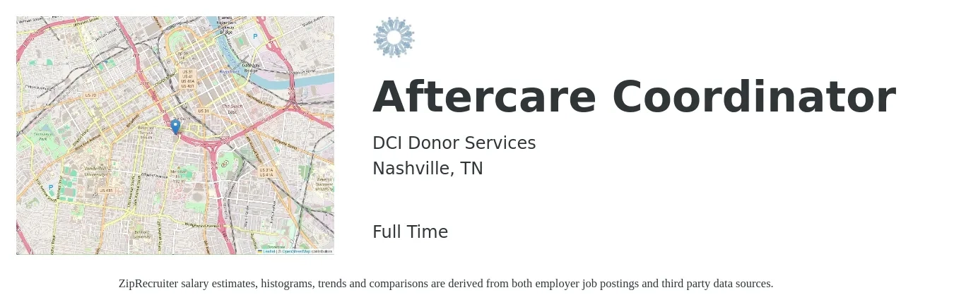 DCI Donor Services job posting for a Aftercare Coordinator in Nashville, TN with a salary of $18 to $28 Hourly with a map of Nashville location.