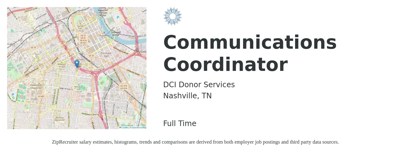 DCI Donor Services job posting for a Communications Coordinator in Nashville, TN with a salary of $44,900 to $64,700 Yearly with a map of Nashville location.