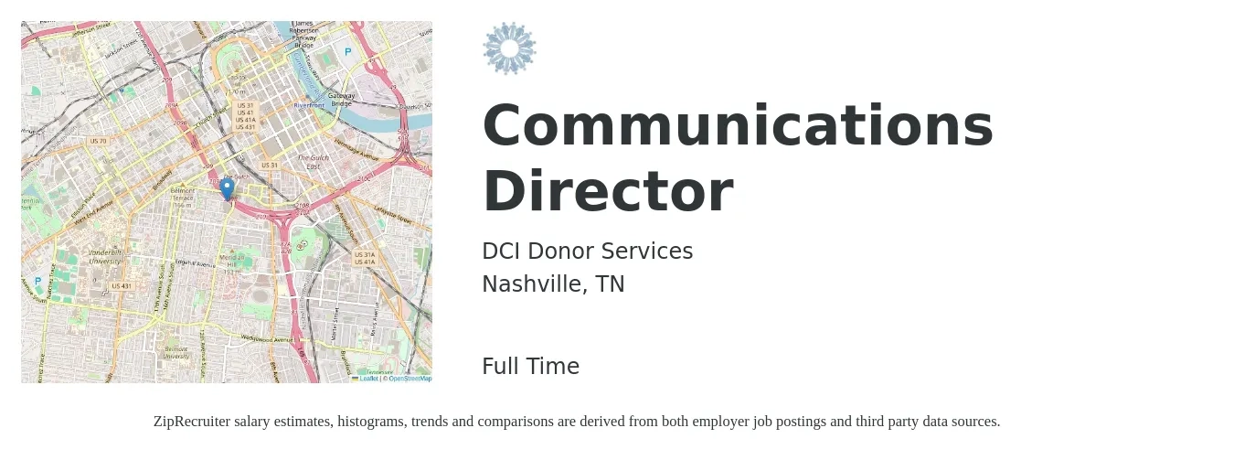 DCI Donor Services job posting for a Communications Director in Nashville, TN with a salary of $71,500 to $121,700 Yearly with a map of Nashville location.