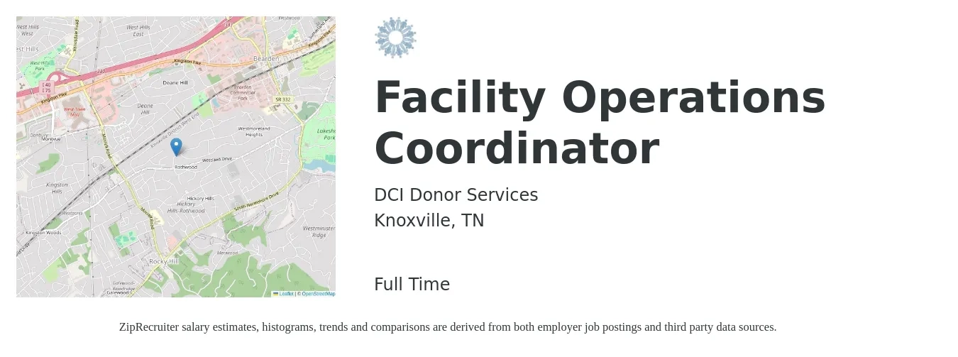 DCI Donor Services job posting for a Facility Operations Coordinator in Knoxville, TN with a salary of $17 to $24 Hourly with a map of Knoxville location.