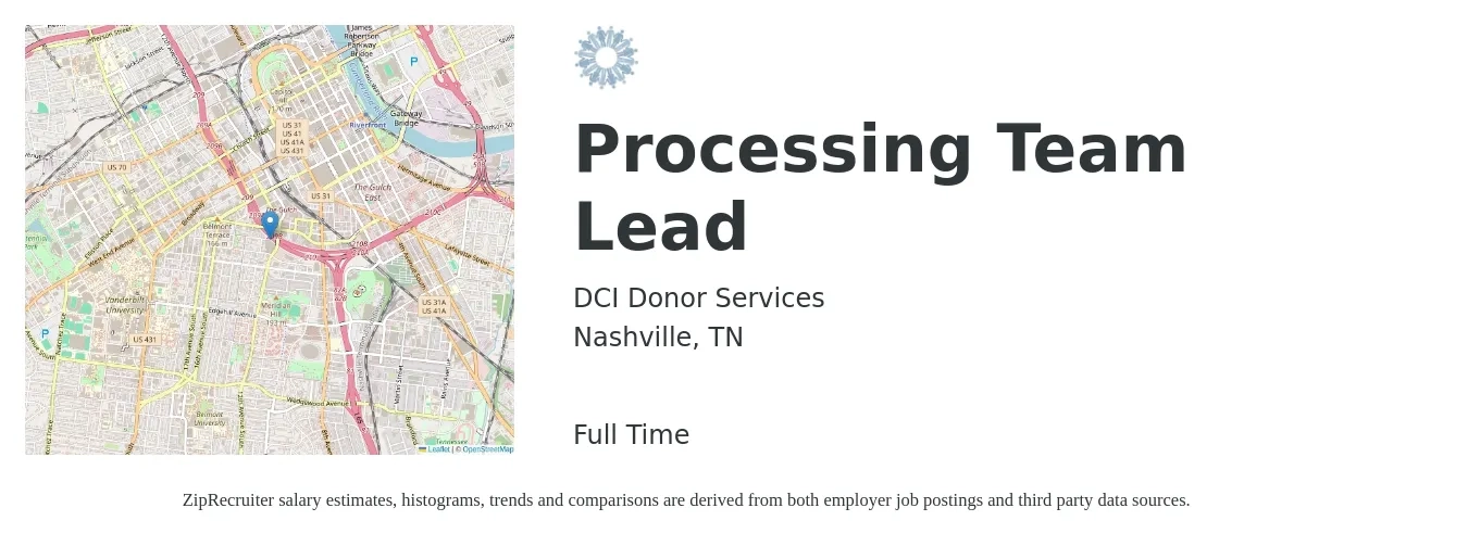 DCI Donor Services job posting for a Processing Team Lead in Nashville, TN with a salary of $16 to $24 Hourly with a map of Nashville location.