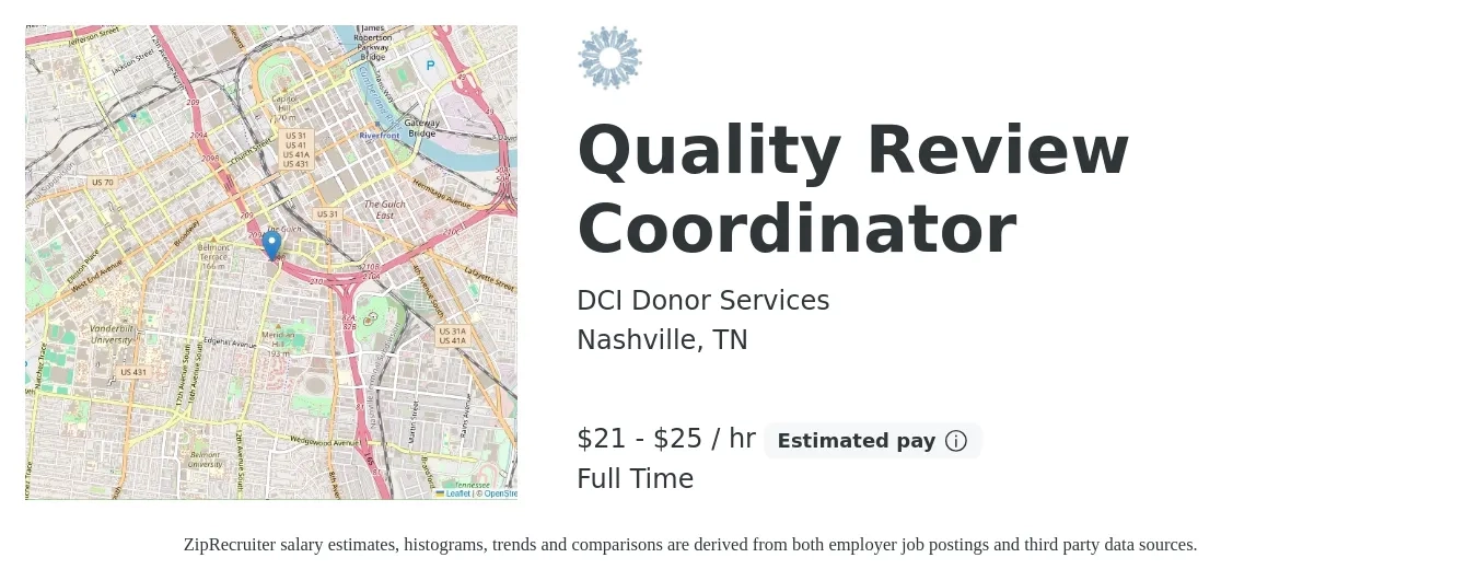 DCI Donor Services job posting for a Quality Review Coordinator in Nashville, TN with a salary of $22 to $27 Hourly with a map of Nashville location.