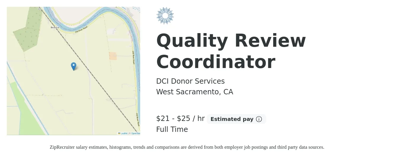 DCI Donor Services job posting for a Quality Review Coordinator in West Sacramento, CA with a salary of $22 to $27 Hourly with a map of West Sacramento location.