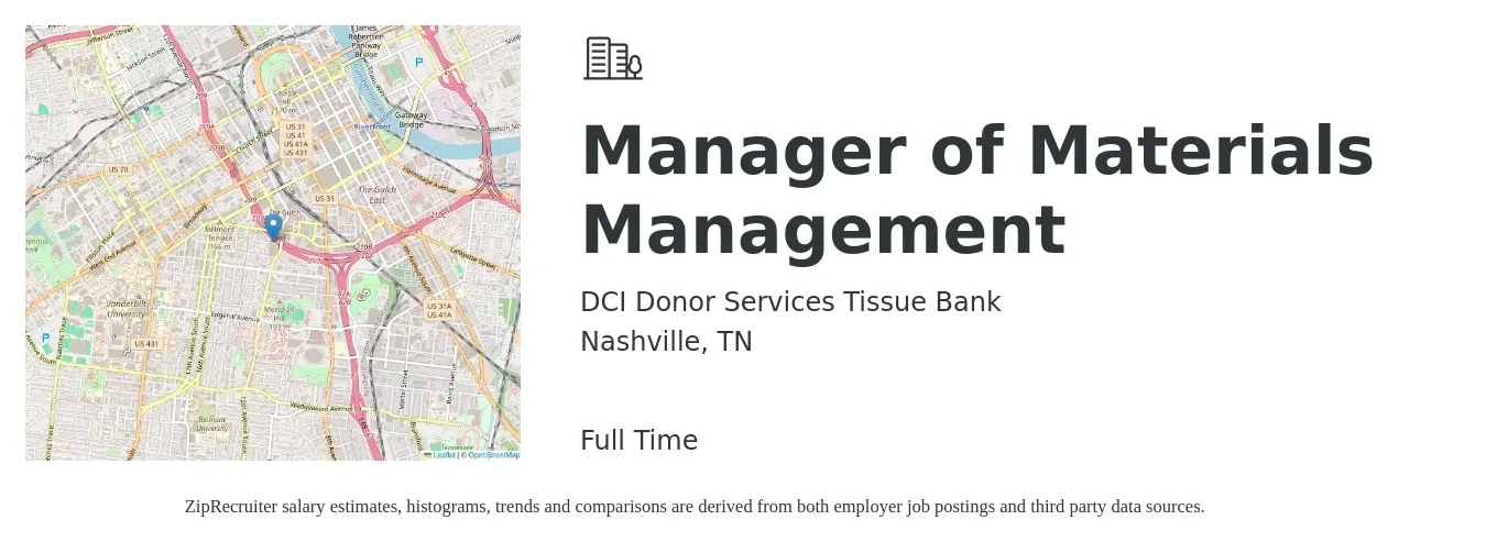 DCI Donor Services Tissue Bank job posting for a Manager of Materials Management in Nashville, TN with a salary of $60,900 to $99,500 Yearly with a map of Nashville location.