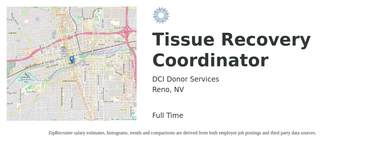DCI Donor Services job posting for a Tissue Recovery Coordinator in Reno, NV with a salary of $21 to $39 Hourly with a map of Reno location.