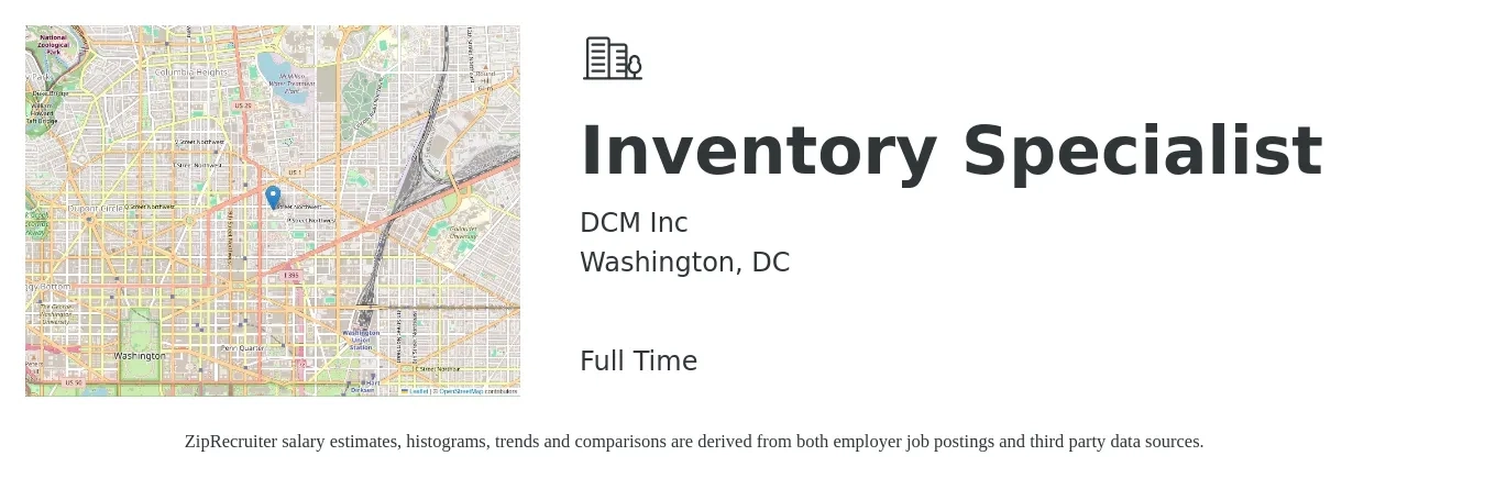 DCM Inc job posting for a Inventory Specialist in Washington, DC with a salary of $20 to $26 Hourly with a map of Washington location.