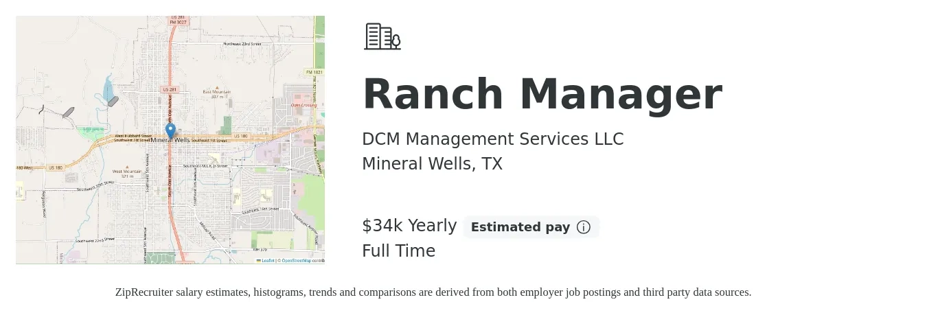 DCM Management Services LLC job posting for a Ranch Manager in Mineral Wells, TX with a salary of $34,000 Yearly with a map of Mineral Wells location.