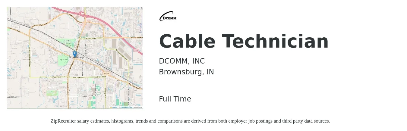 DCOMM, INC job posting for a Cable Technician in Brownsburg, IN with a salary of $900 to $1,200 Weekly with a map of Brownsburg location.