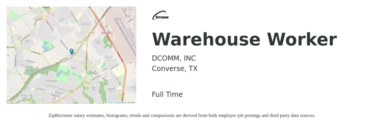 DCOMM, INC job posting for a Warehouse Worker in Converse, TX with a salary of $15 Hourly with a map of Converse location.
