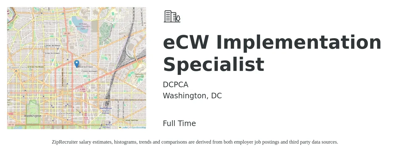 DCPCA job posting for a eCW Implementation Specialist in Washington, DC with a salary of $80,000 Yearly with a map of Washington location.