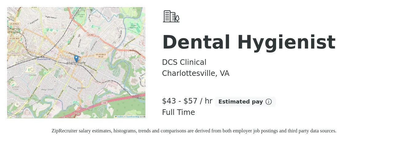 DCS Clinical job posting for a Dental Hygienist in Charlottesville, VA with a salary of $42,000 to $55,000 Yearly with a map of Charlottesville location.