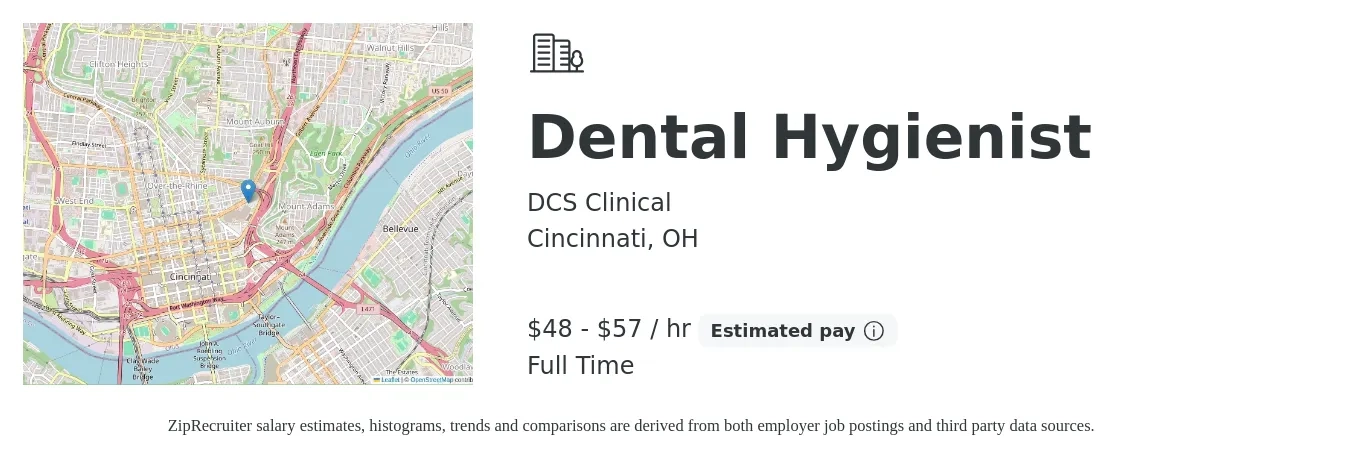 DCS Clinical job posting for a Dental Hygienist in Cincinnati, OH with a salary of $50 to $60 Hourly with a map of Cincinnati location.