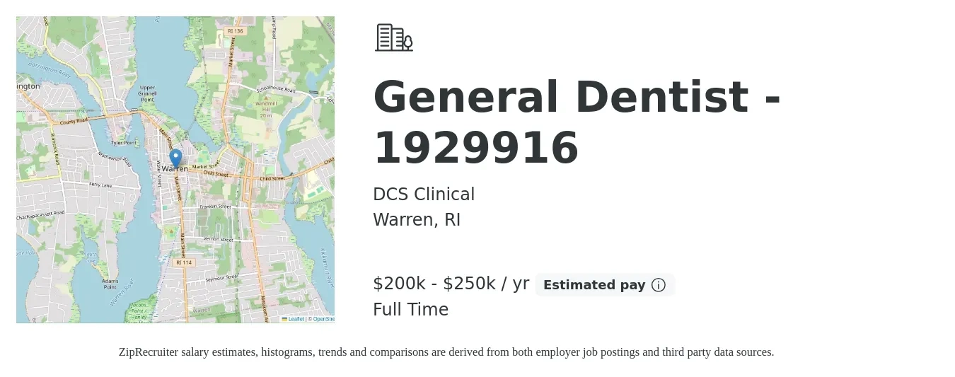 DCS Clinical job posting for a General Dentist - 1929916 in Warren, RI with a salary of $200,000 to $250,000 Yearly with a map of Warren location.
