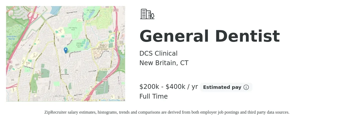 DCS Clinical job posting for a General Dentist in New Britain, CT with a salary of $200,000 to $400,000 Yearly with a map of New Britain location.