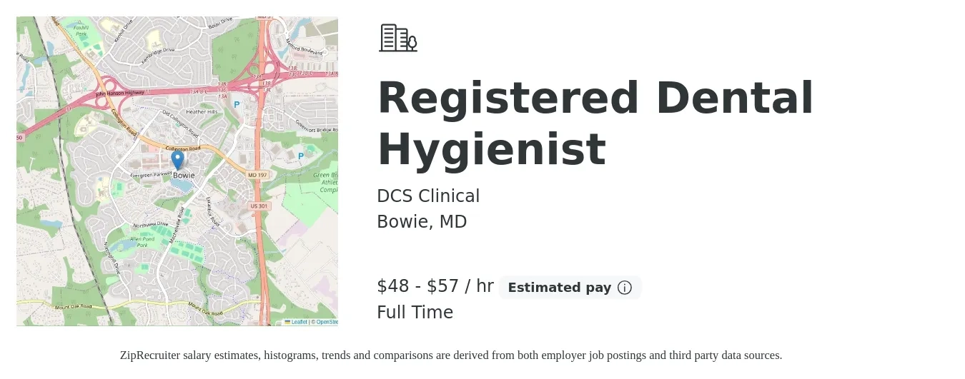 DCS Clinical job posting for a Registered Dental Hygienist in Bowie, MD with a salary of $50 to $60 Hourly with a map of Bowie location.