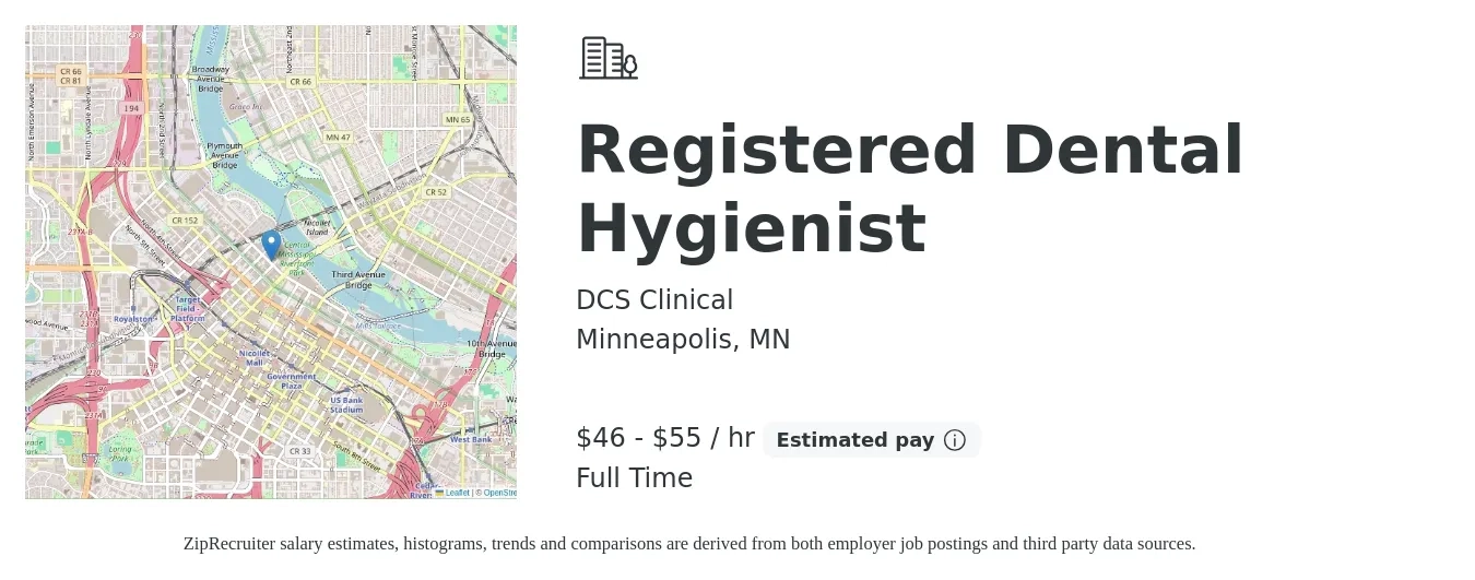 DCS Clinical job posting for a Registered Dental Hygienist in Minneapolis, MN with a salary of $42 to $55 Hourly with a map of Minneapolis location.