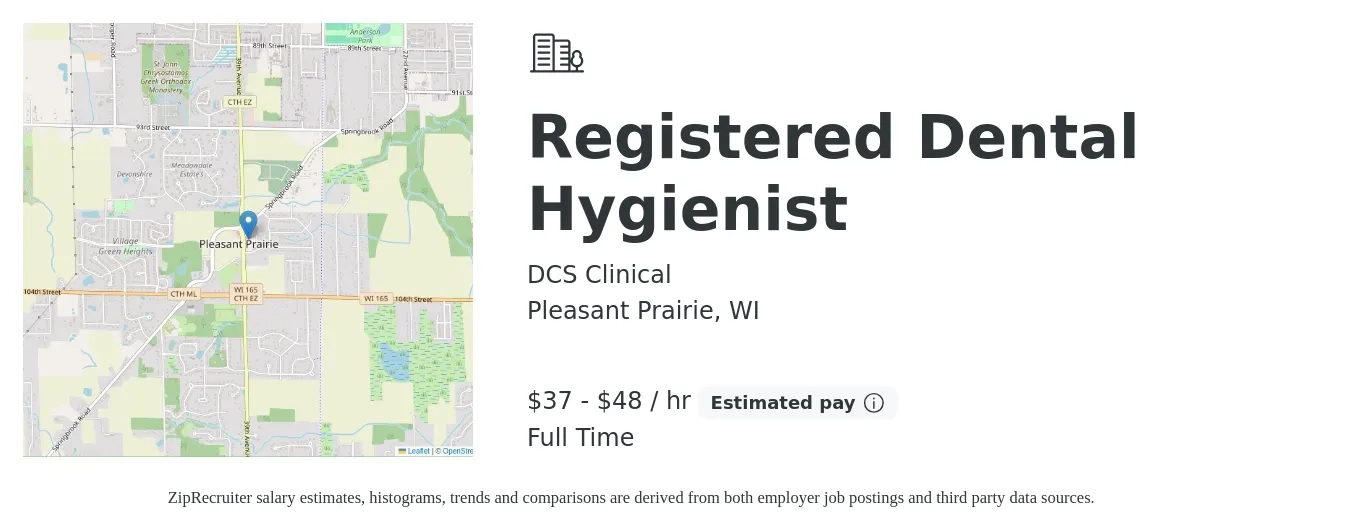 DCS Clinical job posting for a Registered Dental Hygienist in Pleasant Prairie, WI with a salary of $39 to $50 Hourly with a map of Pleasant Prairie location.