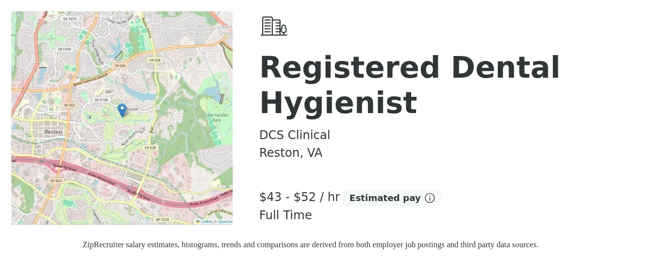 DCS Clinical job posting for a Registered Dental Hygienist in Reston, VA with a salary of $45 to $55 Hourly with a map of Reston location.