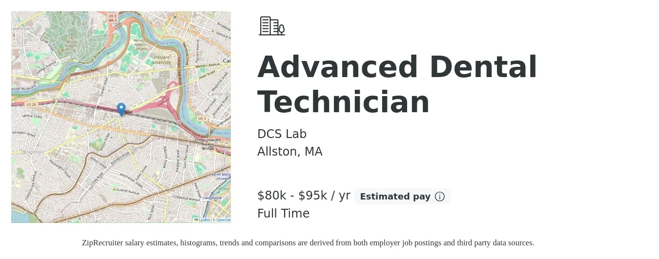 DCS Lab job posting for a Advanced Dental Technician in Allston, MA with a salary of $80,000 to $95,000 Yearly with a map of Allston location.