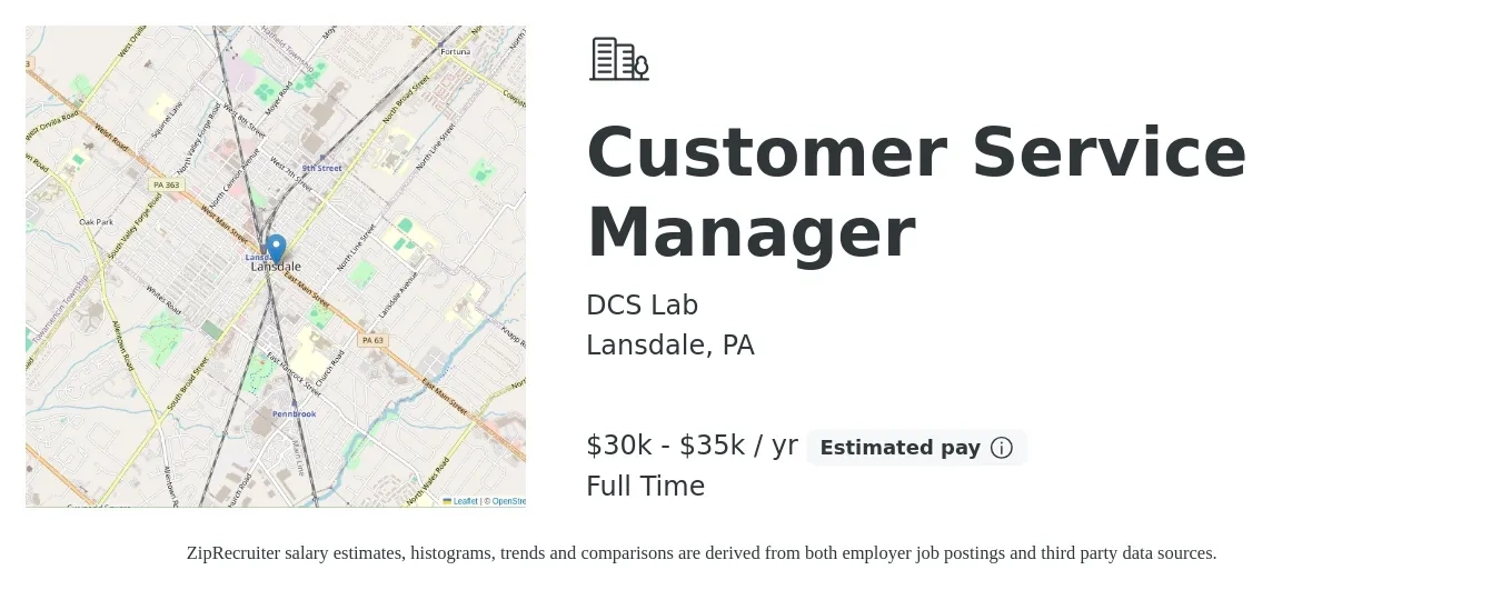 DCS Lab job posting for a Customer Service Manager in Lansdale, PA with a salary of $30,000 to $35,000 Yearly with a map of Lansdale location.